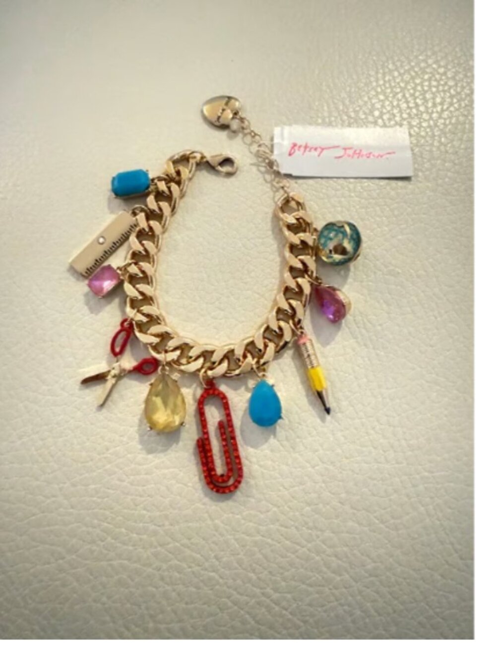 NWT Betsey Johnson Back To School Supplies Stone Charms Bracelet Gold Tone - Picture 2 of 3